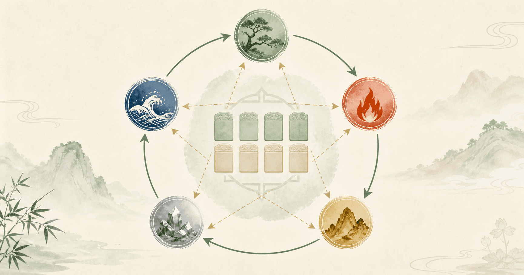 Diagram connecting the Four Pillars of Bazi with the generating and controlling cycles of Wood, Fire, Earth, Metal, and Water