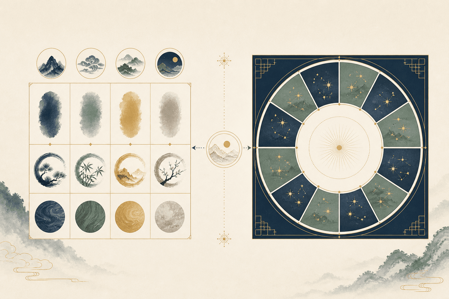 Comparison illustration showing the Four Pillars of a Bazi chart beside the Twelve Palaces of a Zi Wei Dou Shu chart