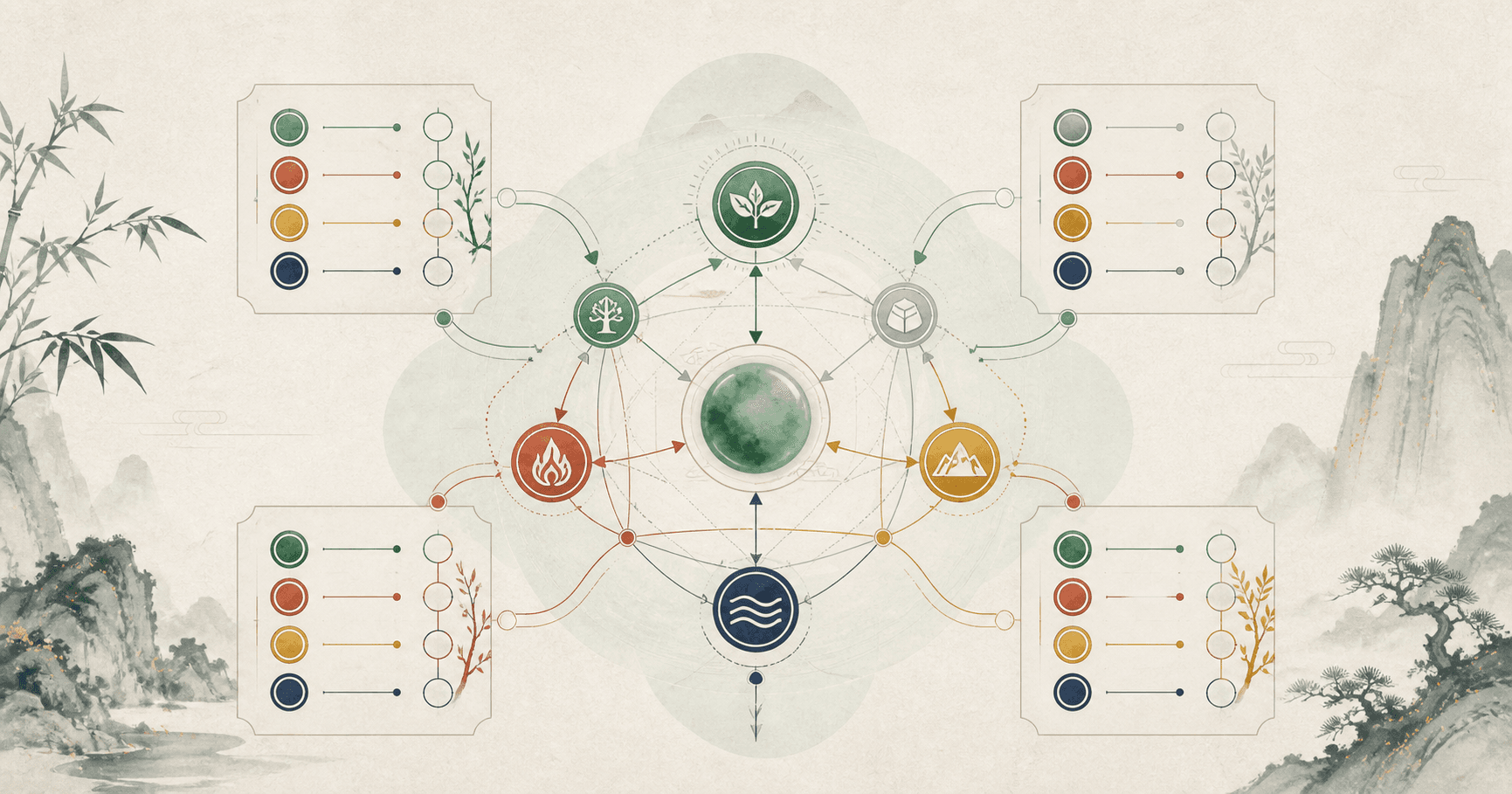 Diagram showing the Day Master, Month Command, Ten Gods, elemental strength, and Four Pillars forming a coherent Bazi chart pattern