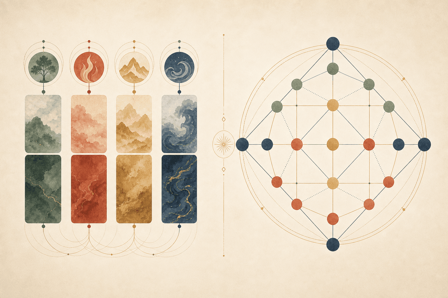 Comparison illustration showing Bazi Four Pillars and Five Element structure beside a connected Destiny Matrix