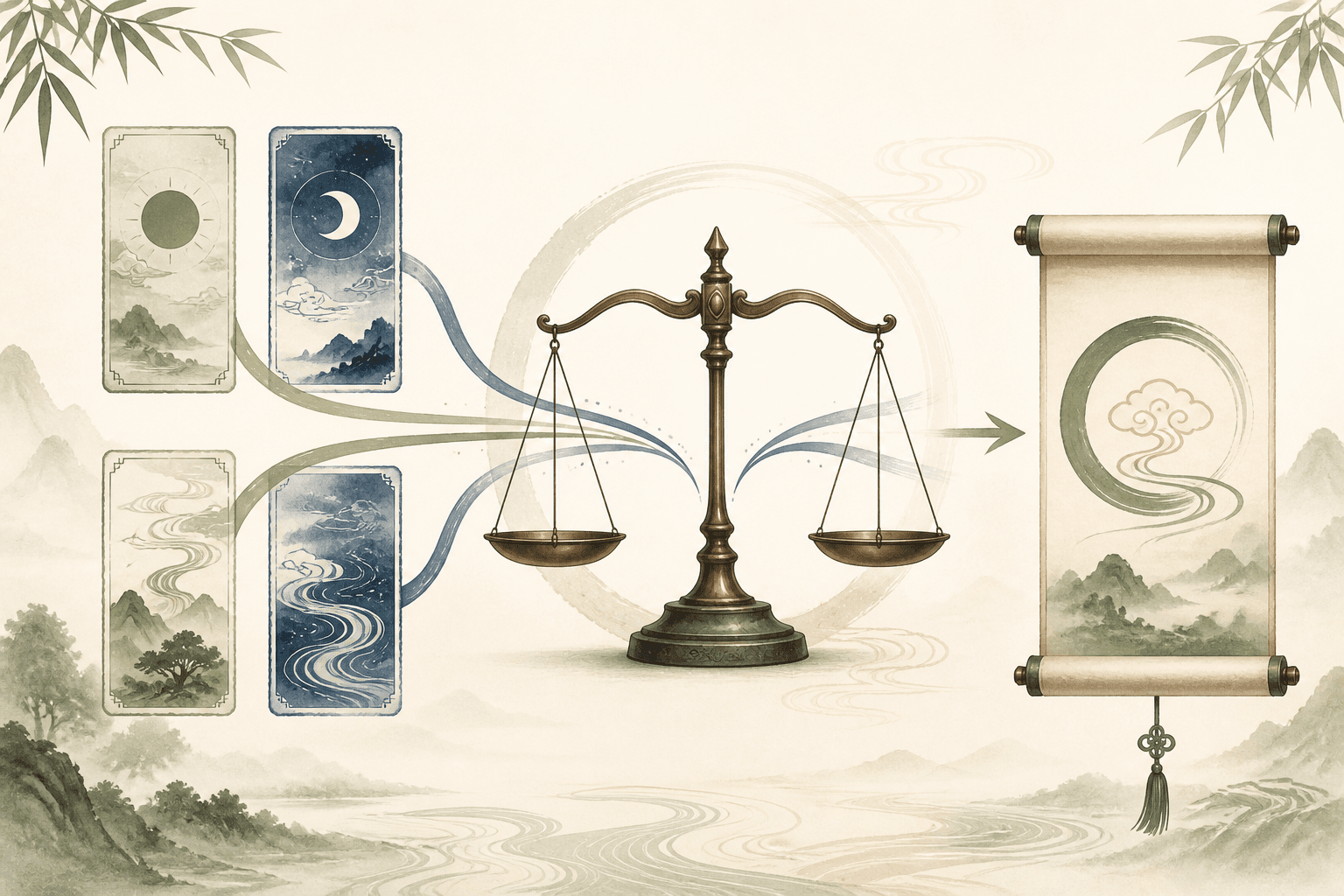 Four birth-time inputs flowing into a traditional balance scale and a symbolic Bone Weight interpretation scroll