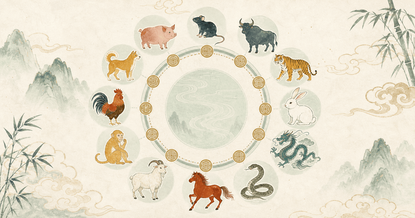 Diagram of Rat, Ox, Tiger, Rabbit, Dragon, Snake, Horse, Goat, Monkey, Rooster, Dog, and Pig cycling in Earthly Branch order