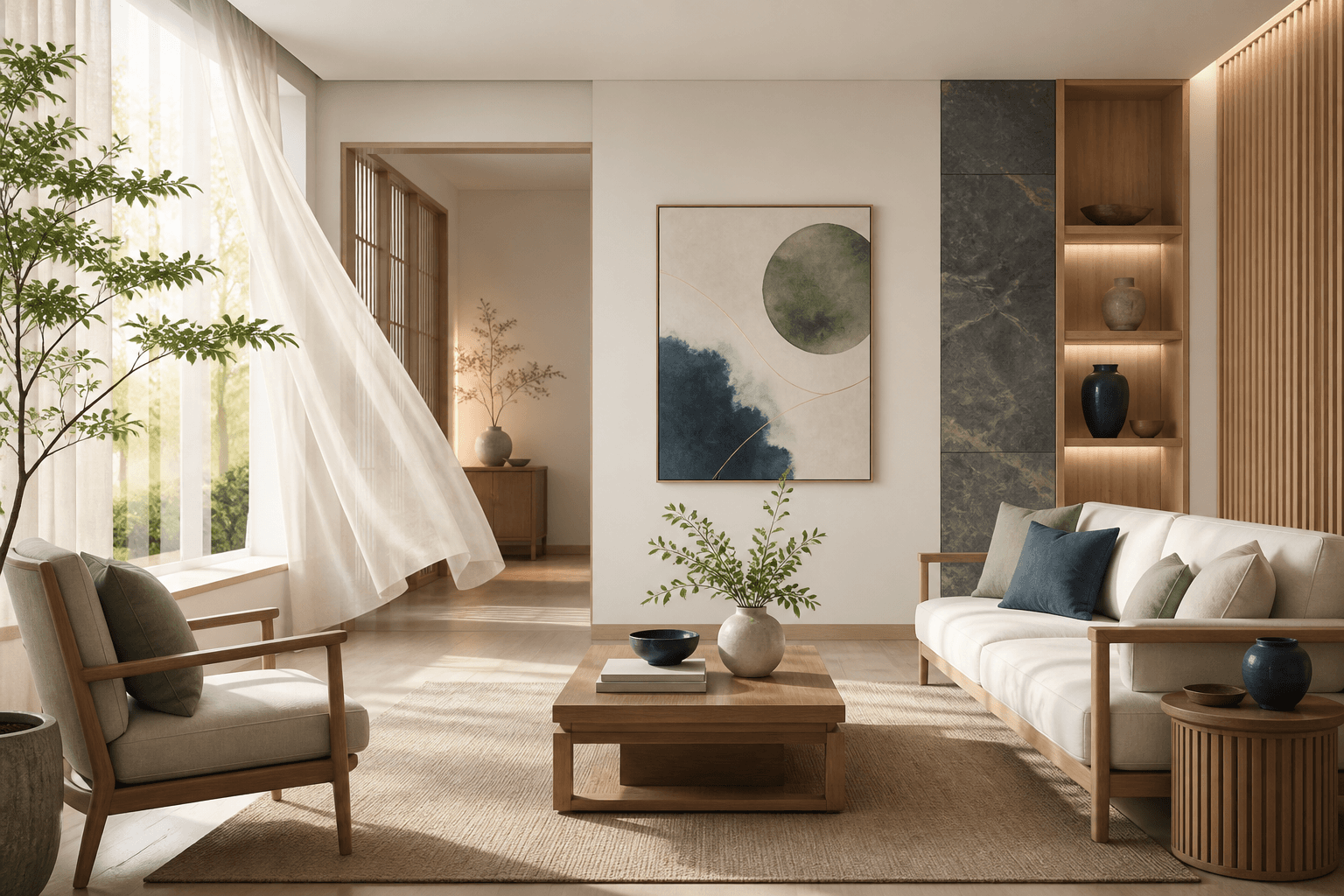 A balanced modern living space with natural light, airflow, clear circulation, and orderly furnishings