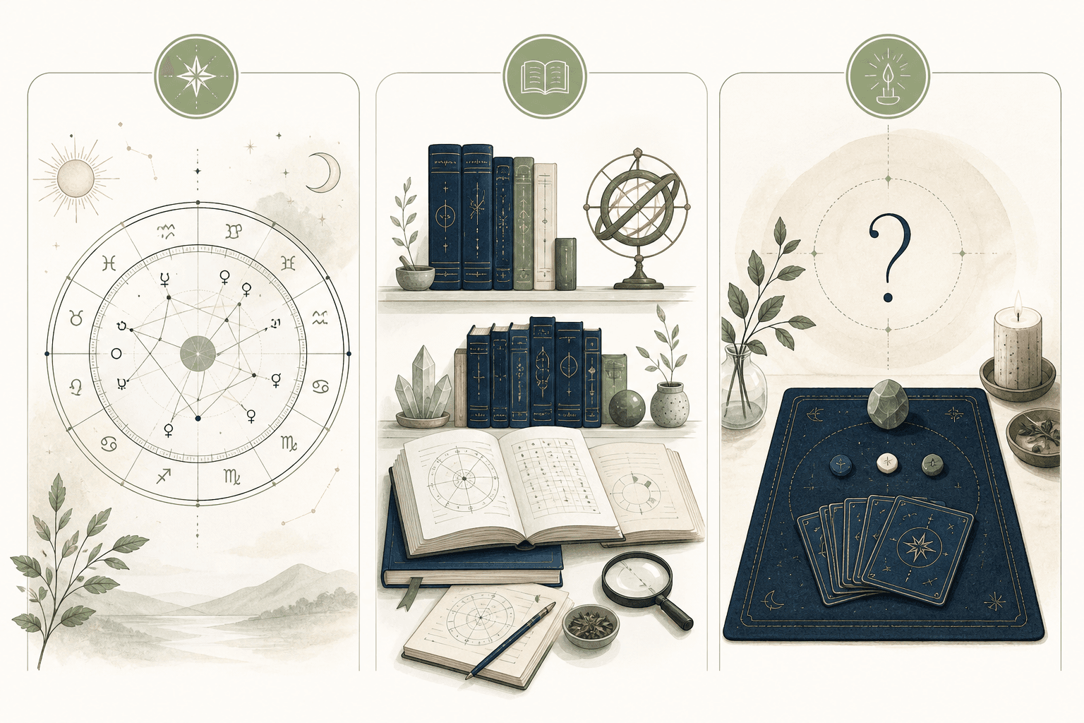 A three-panel illustration distinguishing a personal chart, traditional methodology, and a specific-question divination process