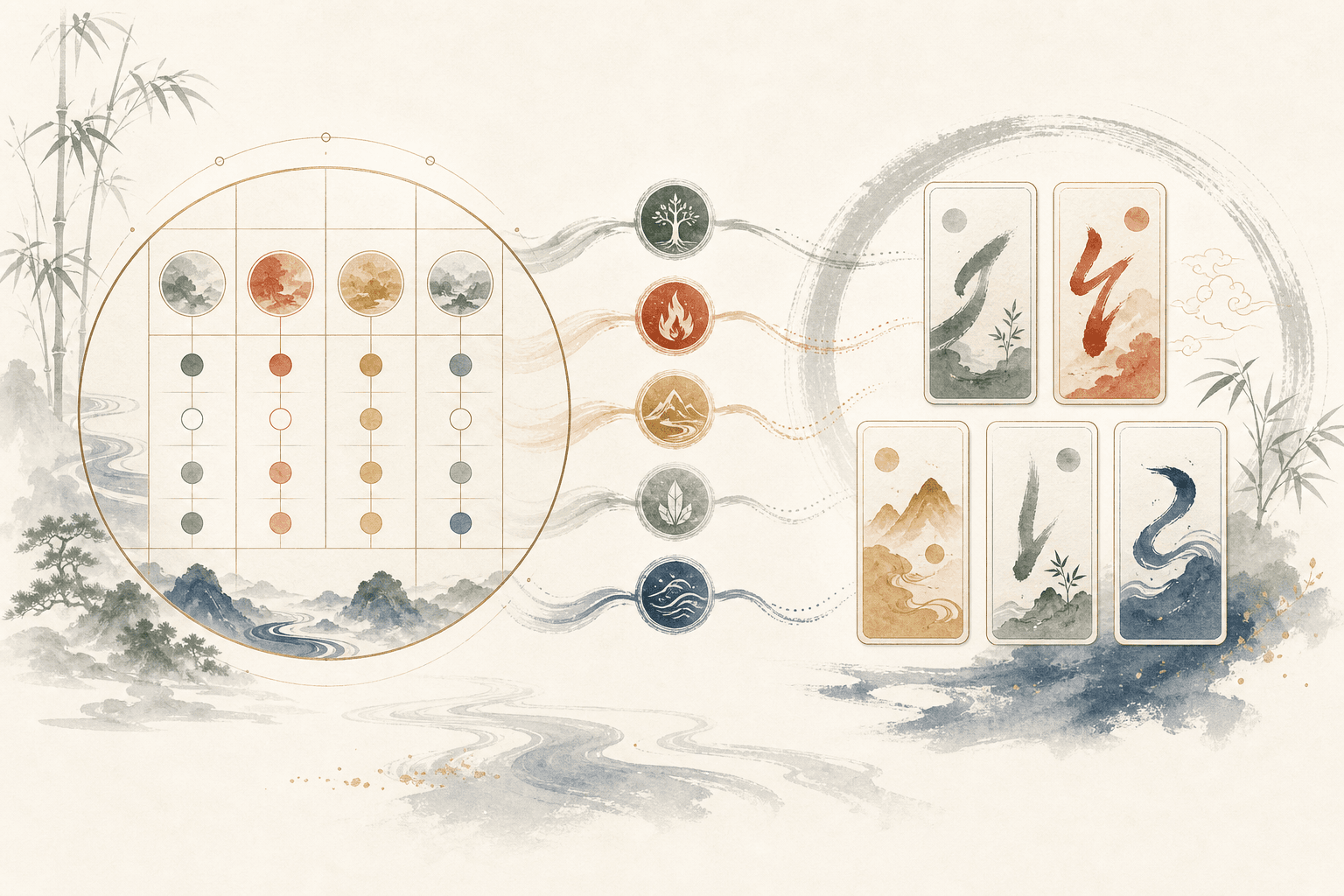 Illustration of Chinese good-fortune traditions using bamboo, landscapes, Five Element colors, and auspicious imagery