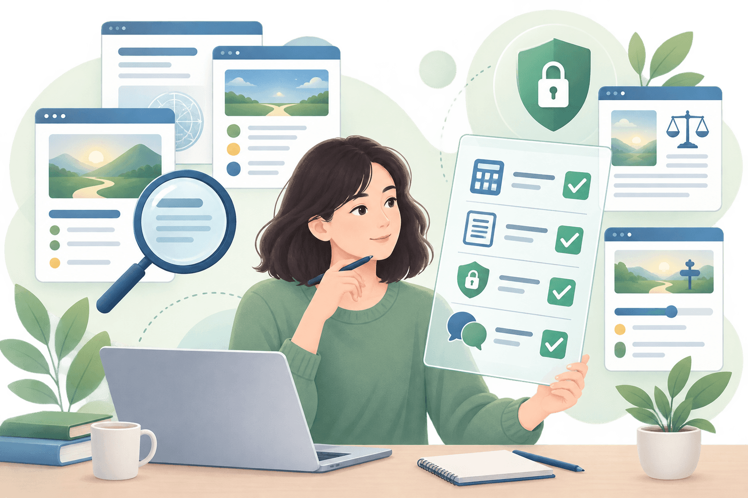 A user checking a fortune-telling website for calculation rules, transparent explanations, privacy protection, and payment information