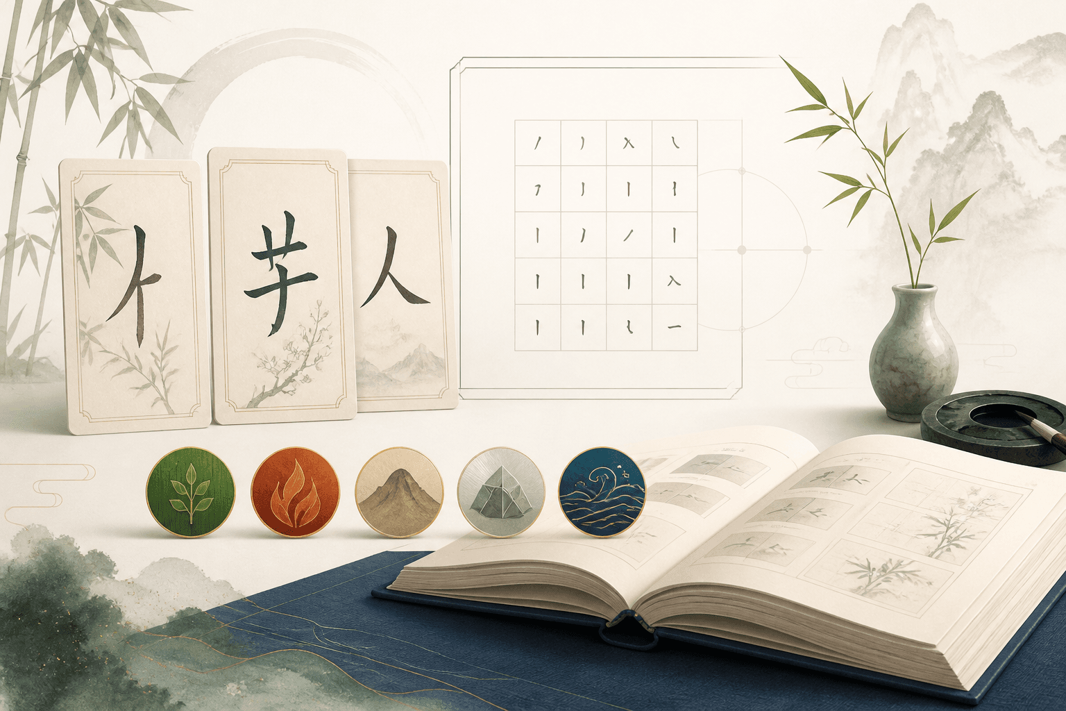 An illustration of Chinese character strokes, Five-Grid structure, and Wood Fire Earth Metal Water associations in traditional name analysis