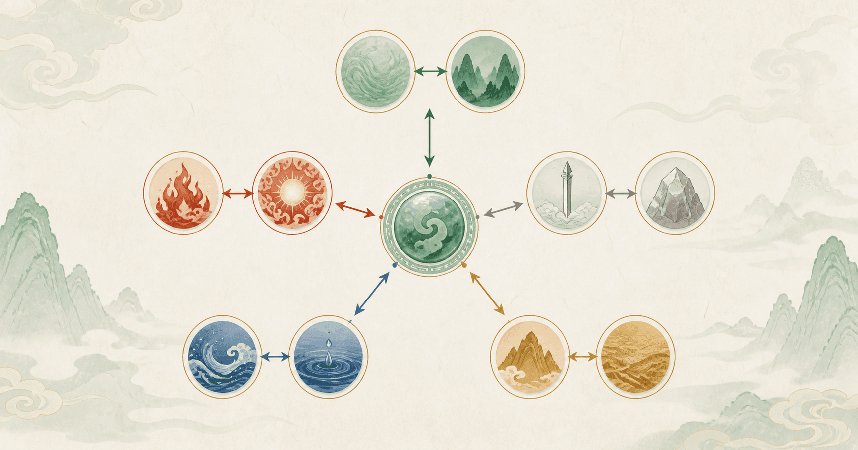 Diagram with the Bazi Day Master at the center connected to the Peer, Output, Wealth, Officer, and Resource groups of the Ten Gods