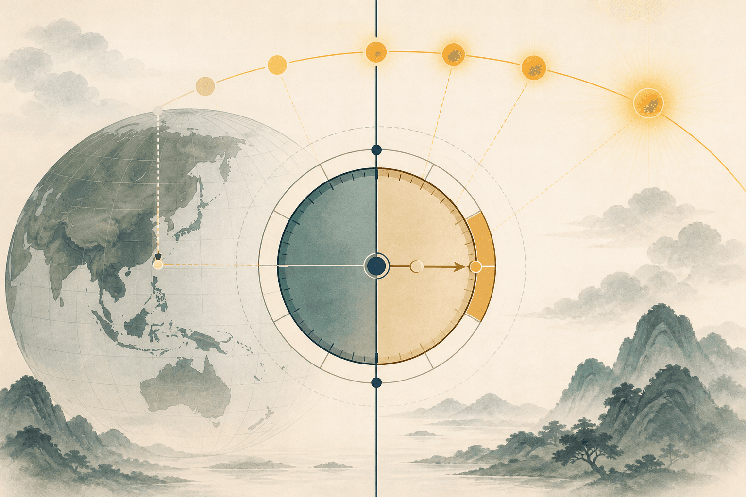 Diagram of true solar time correcting standard time with birthplace longitude, the Sun's path, and Bazi hour boundaries