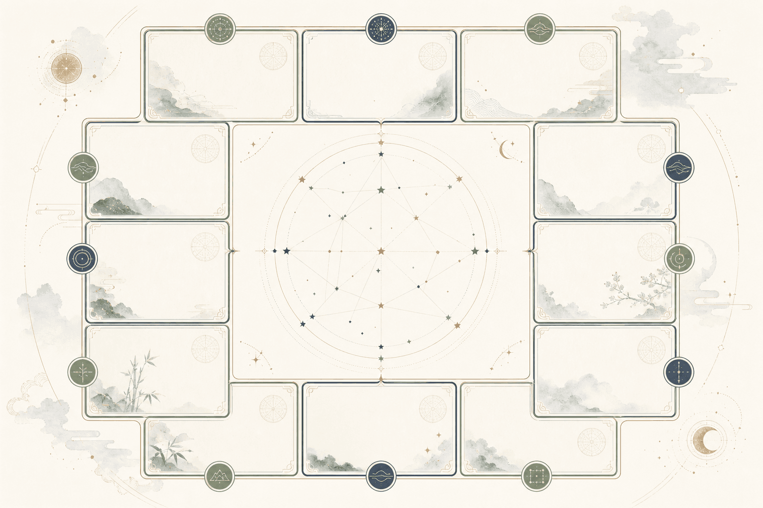 A Zi Wei Dou Shu chart diagram with twelve palaces, star relationships, and a central star map