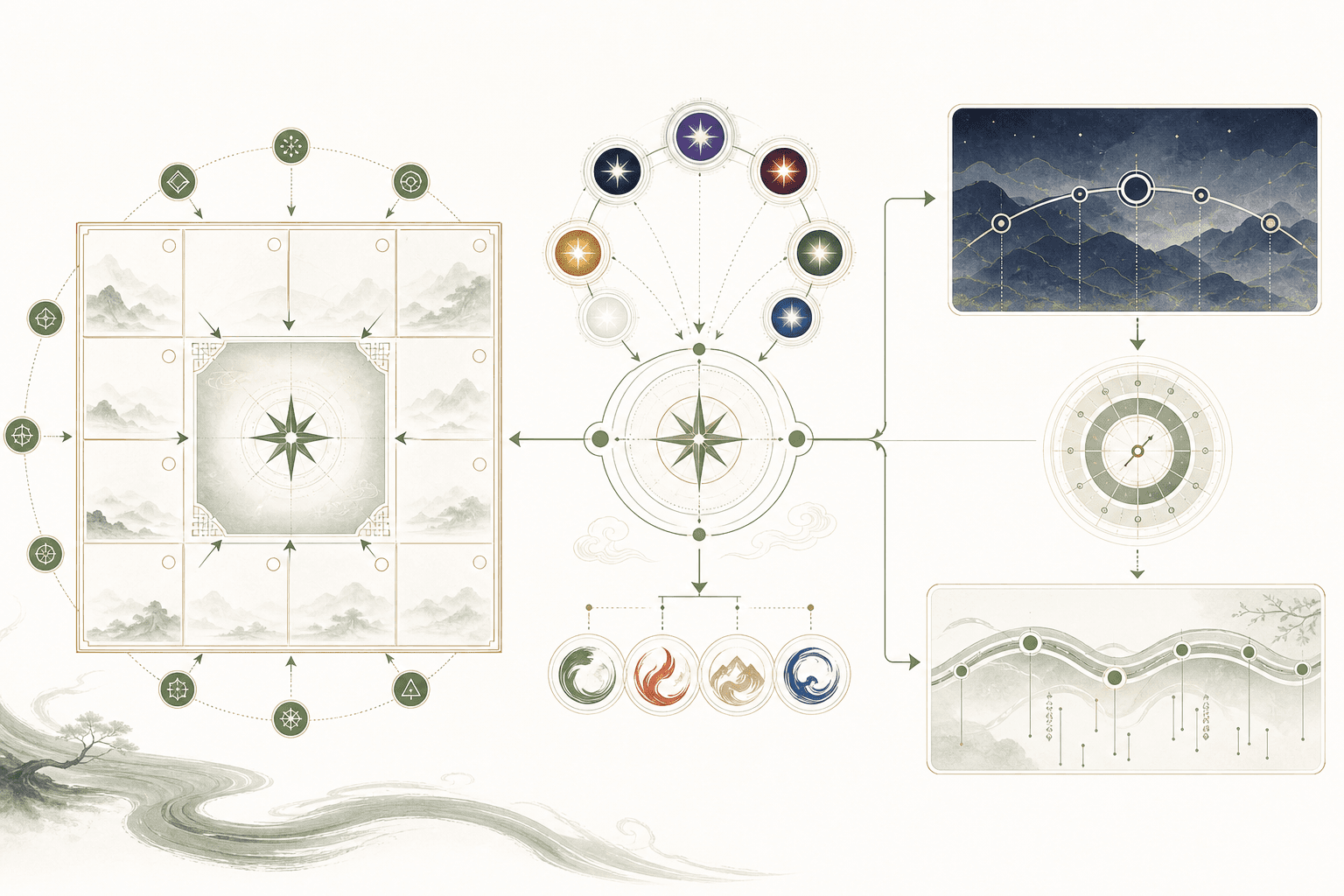 A Zi Wei Dou Shu reading flow from the Life Palace and major stars through palaces, transformations, major periods, and annual influences